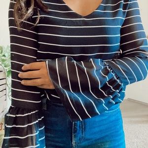 Banana Republic Striped Navy Blue Sleeved Top